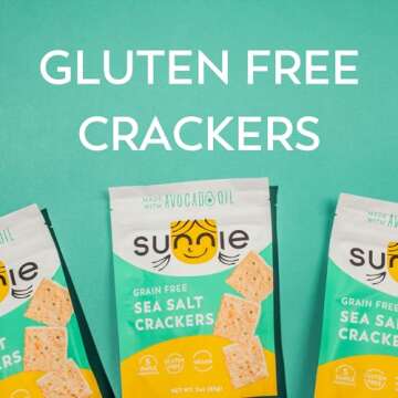 Sunnie Gluten Free Crackers - Healthy Grain Free Sea Salt Crackers - Snacks for Kids & Adults - Made with Avocado Oil, Only 5 Ingredients - Vegan Snack, Low Calorie - Individually Wrapped Snacks (9 oz - Pack of 3)