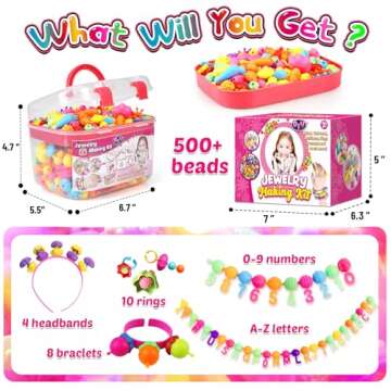 FUNZBO 520+ Snap Pop Beads - Beads for Jewelry Making Kit, Arts and Crafts Supplies, Toys for Girls, 3 4 5 6 7 Year Old Girl Birthday Gifts, Crafts for Kids Ages 4-8, Christmas Girls Toys Age 6-8