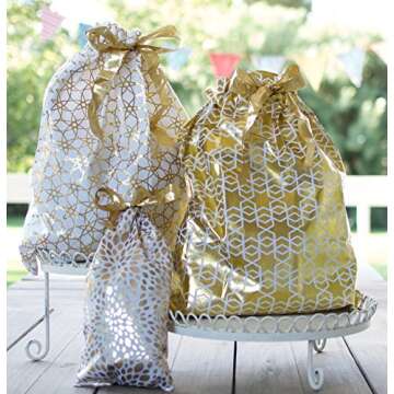 Appleby Lane Reusable Fabric Gift Bags (Large Set, Gold) - Set of 3 bags, two 16x20 inch and one 12x16 inch