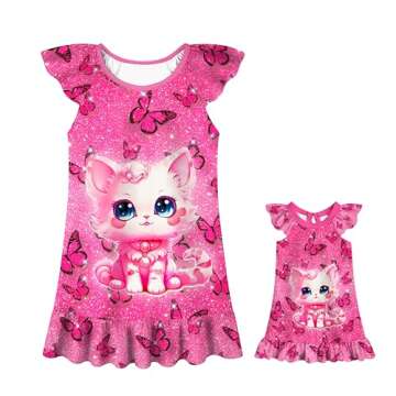 LQSZ Matching Doll and Girls Nightgowns Pink Cat Flutter Short Sleeves Nightie Pajamas for Girls & 18" Dolls Clothes 3 4t