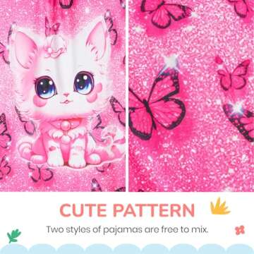 LQSZ Matching Doll and Girls Nightgowns Pink Cat Flutter Short Sleeves Nightie Pajamas for Girls & 18" Dolls Clothes 3 4t