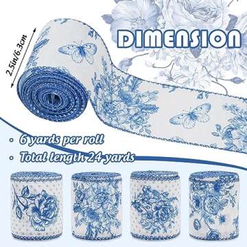 AnyDesign White and Blue Wired Edge Ribbon Floral Butterfly Craft Ribbon 24 Yards 2.5 Inch Blue Flower Fabric Ribbon for Wreath Bow DIY Craft Wedding Bridal Shower Gift Wrapping Supplies