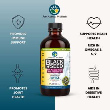 Amazing Herbs Premium Black Seed Oil - Gluten Free, Non GMO, Cold Pressed Nigella Sativa Aids in Digestive Health, Immune Support, Brain Function - 8 Fl Oz (Pack of 2)