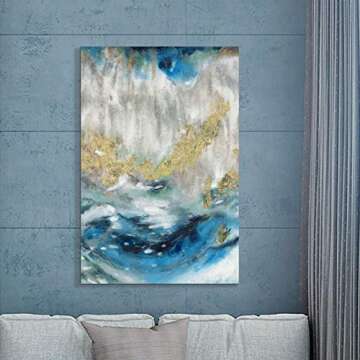 SD SOFT DANCE Blue Abstract Canvas Wall Art: Swirl Artwork with Gold Foil Painting Hand Painted Print Picture for Living Room (36'' x 24'' x 1 Panel)