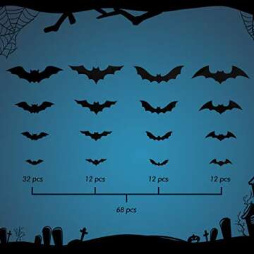 68Pcs Bat Wall Decor, Halloween Bats Decorations 3D Bats Wall Decor Realistic PVC Bats Stickers for Outdoor DIY Home Decor Party Supplies