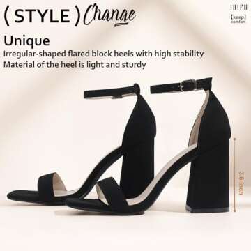 IDIFU Black Heels High Chunky Block Heels Square Open Toe Ankle Strap Heeled Sandals Wedding Bridal Prom Dressy Comfortable Sexy Trendy Bride Bridesmaid Dress Shoes Thick Heels(Black Nubuck, 8)