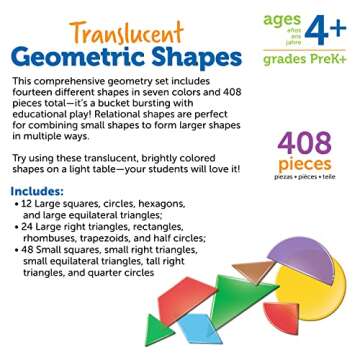 Learning Resources Translucent Geometric Shapes - 408 Pieces, Grades Pre-K+ | Ages 4+ Preschool Learning Materials, Manipulative Shapes, Early Geometry Skills, Classroom Accessories, Teacher Aids