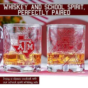 Greenline Goods - Texas A&M University Whiskey Glass Set (2 Low Ball Glasses) - Contains Full Color Texas A&M Logo & Campus Map - Texas A&M Aggies Gift Idea College Grads & Alumni - College Cocktail