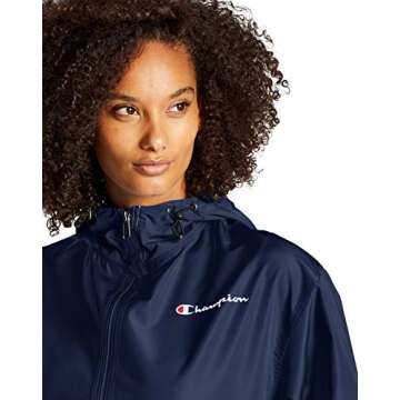 Champion Windbreaker, Packable, Wind and Water-Resistant Jacket for Women, Athletic Navy Small Script, Medium