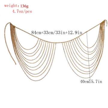 Brishow Crystal Body Chains Rhinestone Layered Waist Chain Beach Bikini Fashion Body Jewelry Accessories for Women and Girls (Gold)