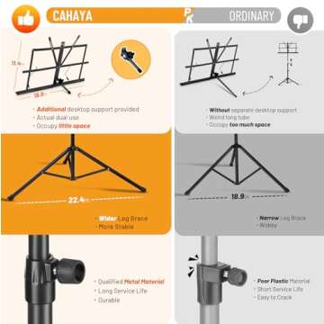 CAHAYA 2 in 1 Dual Use Extra Stable Reinforced Folding Sheet Music Stand & Desktop Book Stand Lightweight Portable Adjustable with Carrying Bag, Metal Music Stand with Music Sheet Clip Holder CY0204