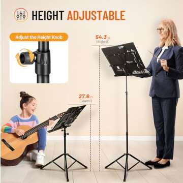 CAHAYA 2 in 1 Dual Use Extra Stable Reinforced Folding Sheet Music Stand & Desktop Book Stand Lightweight Portable Adjustable with Carrying Bag, Metal Music Stand with Music Sheet Clip Holder CY0204