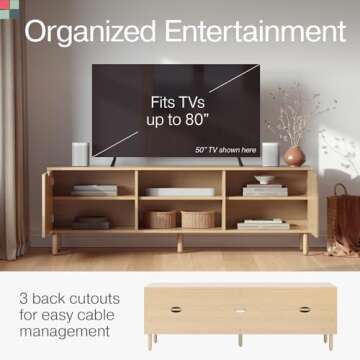 Contemporary Fluted TV Stand - Media Console - 70 Inch Entertainment Center with Storage - Console Table for Living Room and Bedrooms - Supports 32 to 80" TVs - Soft-Close Cabinet Doors (Light Oak)