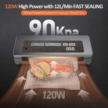 Vacuum Sealer Machine, 90kPa 120W Wide Seal All-IN-1 Powerful Food Storage, Build-in Cutter | Bags Storage | Digital Countdown Display | 2 Bag Rolls and 5pcs Pre-cut Bags (Gray)