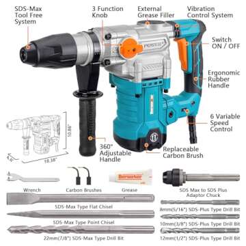 Berserker 1-9/16" SDS-Max Heavy Duty Rotary Hammer Drill with Vibration Control,Safety Clutch,13 Amp 3 Functions Demolition Rotomartillo for Concrete-Including 4 Drill Bits,2 Chisels,Carrying Case