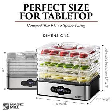 Magic Mill Food Dehydrator Machine | 5 Stackable Stainless Steel Trays Jerky Dryer with Digital Adjustable Timer & Temperature Control - Electric Food Preserver for Fruits, Veggies, Meats & Dog Treats (Renewed)