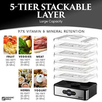 Magic Mill Food Dehydrator Machine | 5 Stackable Stainless Steel Trays Jerky Dryer with Digital Adjustable Timer & Temperature Control - Electric Food Preserver for Fruits, Veggies, Meats & Dog Treats (Renewed)