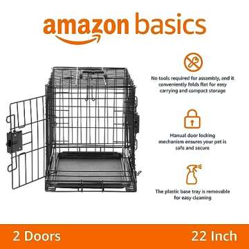 Amazon Basics - Durable,Foldable Metal Wire Dog Crate with Tray, Double Door, Divider, 22 x 13 x 16 Inches, Black