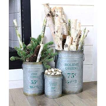 AuldHome Design Christmas Galvanized Greenery Buckets (Set of 3), Large, Medium, & Small Metal Farmhouse Decor Galvanized Cans w/Holiday Pine Motif