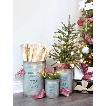 AuldHome Design Christmas Galvanized Greenery Buckets (Set of 3), Large, Medium, & Small Metal Farmhouse Decor Galvanized Cans w/Holiday Pine Motif