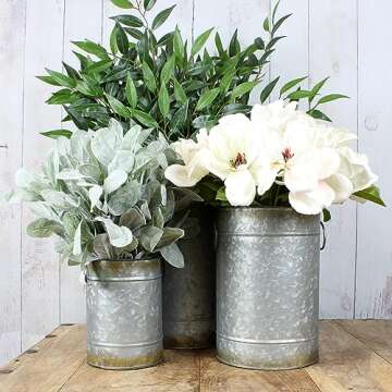 AuldHome Design Christmas Galvanized Greenery Buckets (Set of 3), Large, Medium, & Small Metal Farmhouse Decor Galvanized Cans w/Holiday Pine Motif