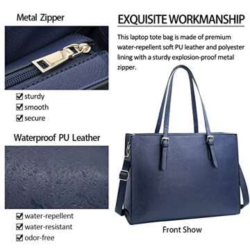 Laptop Bag for Women Waterproof Lightweight Leather 15.6 Inch Computer Tote Bag Business Office Briefcase Large Capacity Handbag Shoulder Bag Professional Office Work Bag Blue