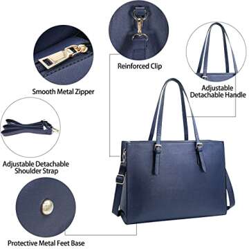 Laptop Bag for Women Waterproof Lightweight Leather 15.6 Inch Computer Tote Bag Business Office Briefcase Large Capacity Handbag Shoulder Bag Professional Office Work Bag Blue