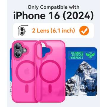 CANSHN Magnetic for iPhone 16 Case [Compatible with MagSafe & MIL-Grade Drop Tested] Slim Translucent Matte Cover, Anti-Scratch Shockproof Phone Case for iPhone 16, Hot Pink