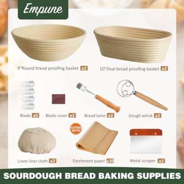 Empune Banneton Bread Proofing Basket Set of 2-9inch Round & 10inch Oval Sourdough Bread Baking Supplies Proofing Bowls with All Sourdough Starter Kit, Kitchen Essentials Bread Making Tools Gift Set