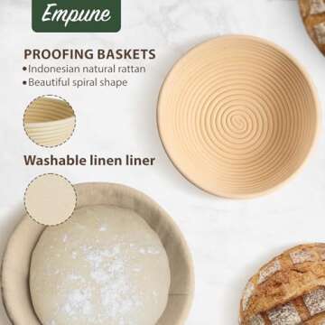 Empune Banneton Bread Proofing Basket Set of 2-9inch Round & 10inch Oval Sourdough Bread Baking Supplies Proofing Bowls with All Sourdough Starter Kit, Kitchen Essentials Bread Making Tools Gift Set