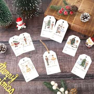 Whaline 120Pcs Merry Christmas Paper Gift Tags Nutcracker Hanging Labels with Hemp Rope for Xmas Name Present DIY Crafts, 8 Designs