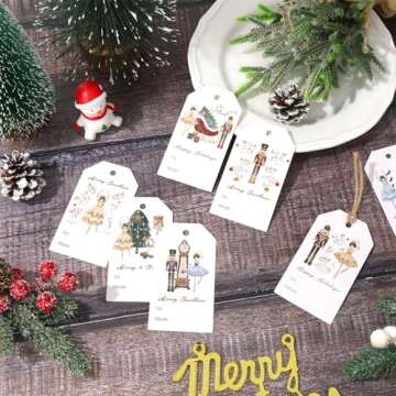 Whaline 120Pcs Merry Christmas Paper Gift Tags Nutcracker Hanging Labels with Hemp Rope for Xmas Name Present DIY Crafts, 8 Designs