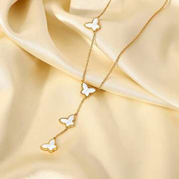 MINTER 3 Pcs Butterfly Jewelry Set, 18K Gold-Plated Choker Necklace Earrings Bracelet Set for Women Ladies Gift Dainty Chain Pendant Cute Drop Dangle Hoop Earrings(White Butterfly)