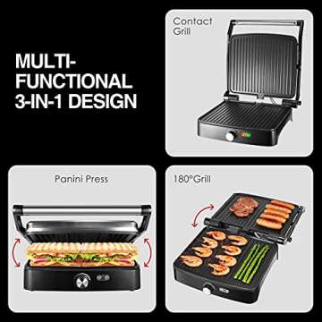 OSTBA Panini Press Grill Indoor Sandwich Maker with Temperature Setting, 4 Slice Large Non-stick Versatile Grill, Opens 180 Degrees to Fit Any Type or Size of Food, Removable Drip Tray, 1200 W