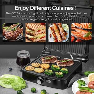 OSTBA Panini Press Grill Indoor Sandwich Maker with Temperature Setting, 4 Slice Large Non-stick Versatile Grill, Opens 180 Degrees to Fit Any Type or Size of Food, Removable Drip Tray, 1200 W