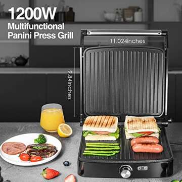 OSTBA Panini Press Grill Indoor Sandwich Maker with Temperature Setting, 4 Slice Large Non-stick Versatile Grill, Opens 180 Degrees to Fit Any Type or Size of Food, Removable Drip Tray, 1200 W