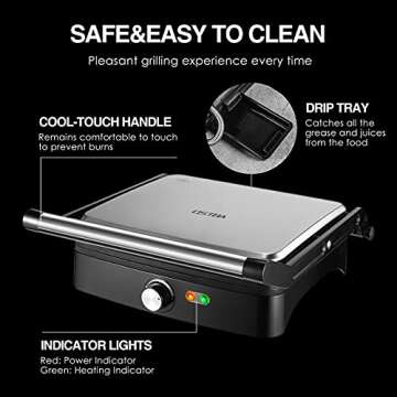 OSTBA Panini Press Grill Indoor Sandwich Maker with Temperature Setting, 4 Slice Large Non-stick Versatile Grill, Opens 180 Degrees to Fit Any Type or Size of Food, Removable Drip Tray, 1200 W