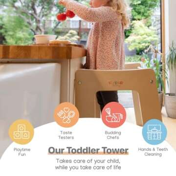 Stepup Baby Award-Winning Adjustable Wooden Toddler Tower | Safe and Sturdy Step Stool Fits Under Kitchen Counters | Standing Tower with Safety Rails and Non-Slip Feet | for Ages 18 Months to 5 Years