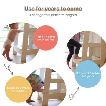 Stepup Baby Award-Winning Adjustable Wooden Toddler Tower | Safe and Sturdy Step Stool Fits Under Kitchen Counters | Standing Tower with Safety Rails and Non-Slip Feet | for Ages 18 Months to 5 Years