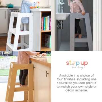 Stepup Baby Award-Winning Adjustable Wooden Toddler Tower | Safe and Sturdy Step Stool Fits Under Kitchen Counters | Standing Tower with Safety Rails and Non-Slip Feet | for Ages 18 Months to 5 Years