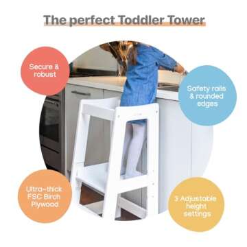 Stepup Baby Award-Winning Adjustable Wooden Toddler Tower | Safe and Sturdy Step Stool Fits Under Kitchen Counters | Standing Tower with Safety Rails and Non-Slip Feet | for Ages 18 Months to 5 Years