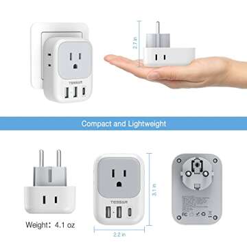 TESSAN Type E F Plug Adapter, Germany France Power Adapter with 3 USB Ports(1 USB C), 4 AC Outlets Travel Adaptor for US to Europe EU Spain Iceland Korea Greece Russia German French