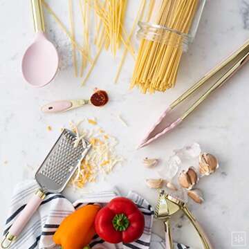 Gold & Pink Kitchen Utensil Set with Holder - Pink Cooking Utensils:Gold Whisk,Gold Ladle,Pink Spatula,Gold Tongs,Pink Spoon,Turner,Gold Utensil Holder - Pink Kitchen Accessories & Pink Kitchen Decor