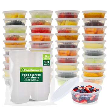 Freshware Meal Prep Containers [50 Pack] 1 Compartment with Lids, Food Storage & Food Storage Containers [50 Set] 8 oz Plastic Deli Containers with Lids, Slime, Soup, Meal Prep Containers