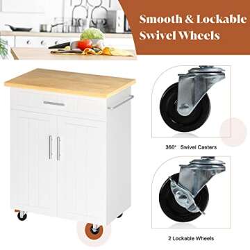 SUNLEI Kitchen Island on Wheels with Storage Cabinet & Drawer, 26" Width Rolling Kitchen Table, Cart Handle for Towel Rack or Free Mobility, Portable Islands for Kitchen, Dining Room(White)