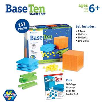 Learning Resources Brights! Base 10 Starter Set with Activity Guide Included - 100 Piece Set, Ages 6+ | 1+ Grade Math Teacher Supplies, Math Games for Kids, Math Learning Tools