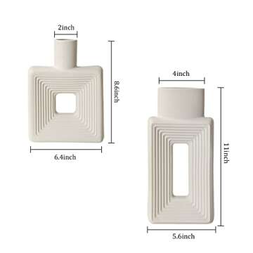 White Ceramic Vase Set of 2，Square Vase Rustic Home Decor Minimalist Nordic Boho Style for Living Room, Shelf, Table, Bookshelf, Mantel and Entryway Decor Vases