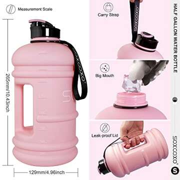 SOXCOXO Half Gallon 64oz Water Bottle with Straw Lid Strap and Holder Bpa Free Leakproof Great for Kids Women Man Large Water Jug for School Sports Gym Running Fitness Outdoor(Pink)