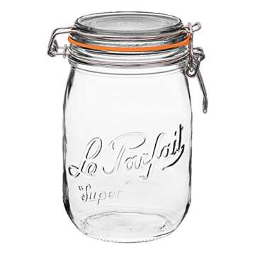 Le Parfait Super Jar, Canning Jar, 1L French Glass Canning Jar w/Round Body, Glass Jar With Airtight Lid, Canning Jar Wide Mouth, Glass Jar With Lid, Clear Jars, Clear Glass Jars (32oz/Quart, 1 pk)