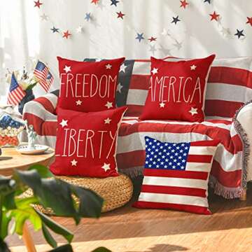 AVOIN colorlife 4th of July Patriotic Saying Throw Pillow Covers, 18 x 18 Inch Freedom America Liberty USA Flag Independence Memorial Day Decorations for Sofa Couch Set of 4